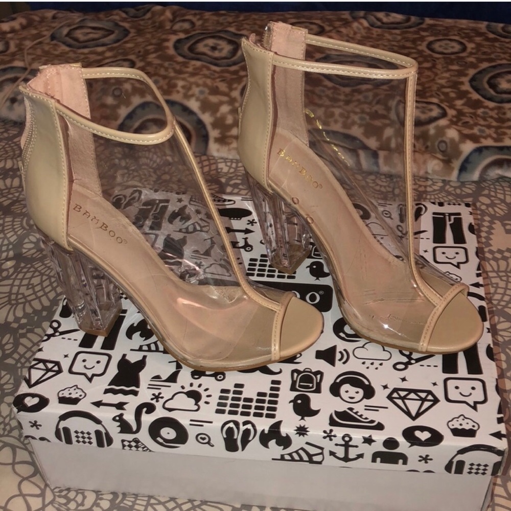 BRAND NEW, never worn BAMBOO clear/nude heels!